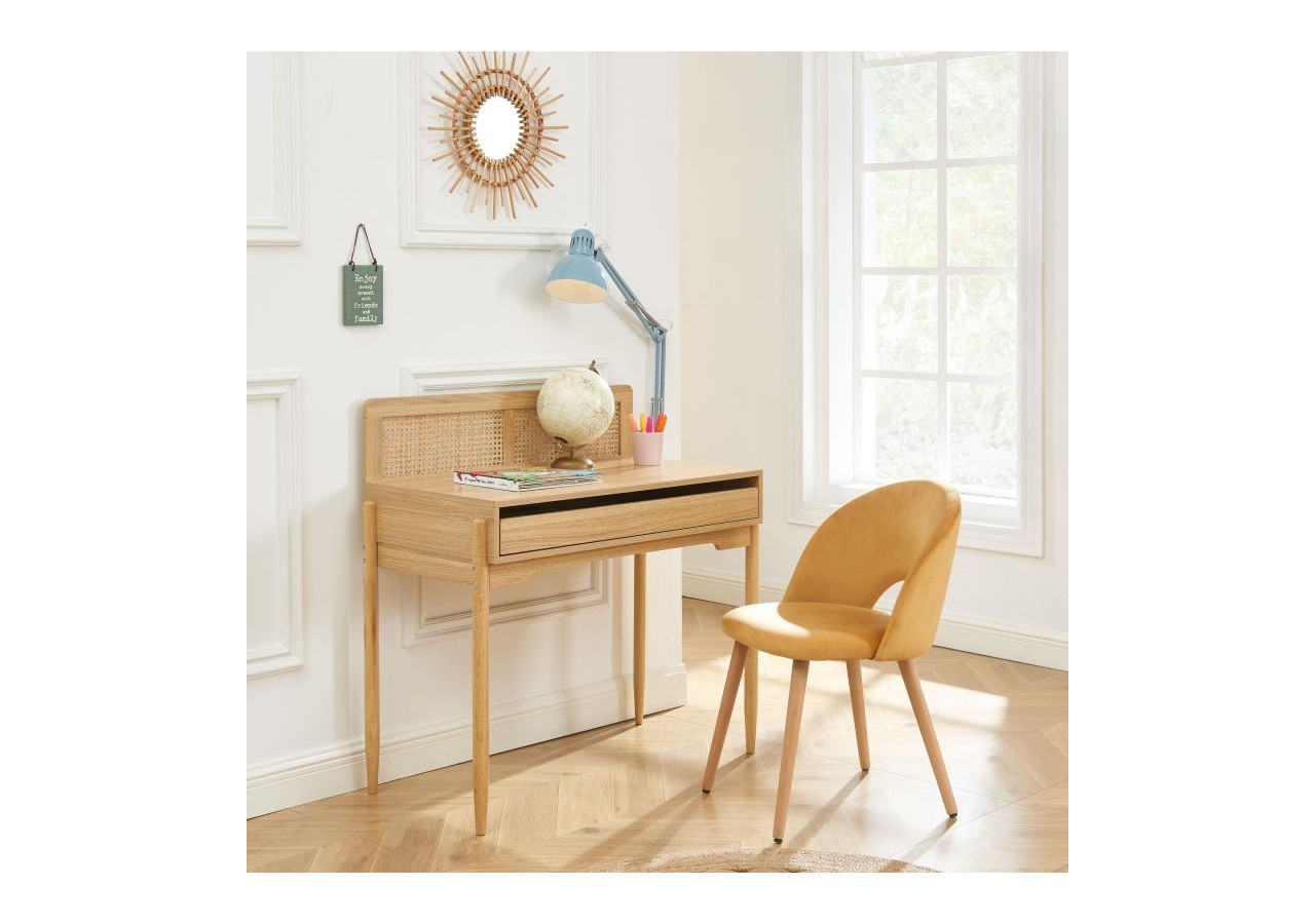 Bureau PABLO cannage rotin et effet bois 1 tiroir