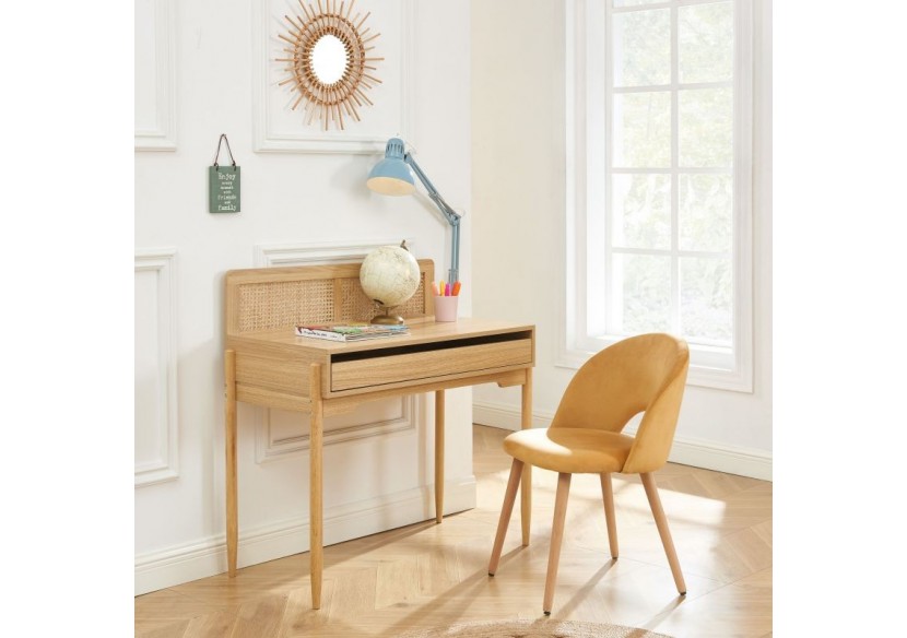 Bureau PABLO cannage rotin et effet bois 1 tiroir