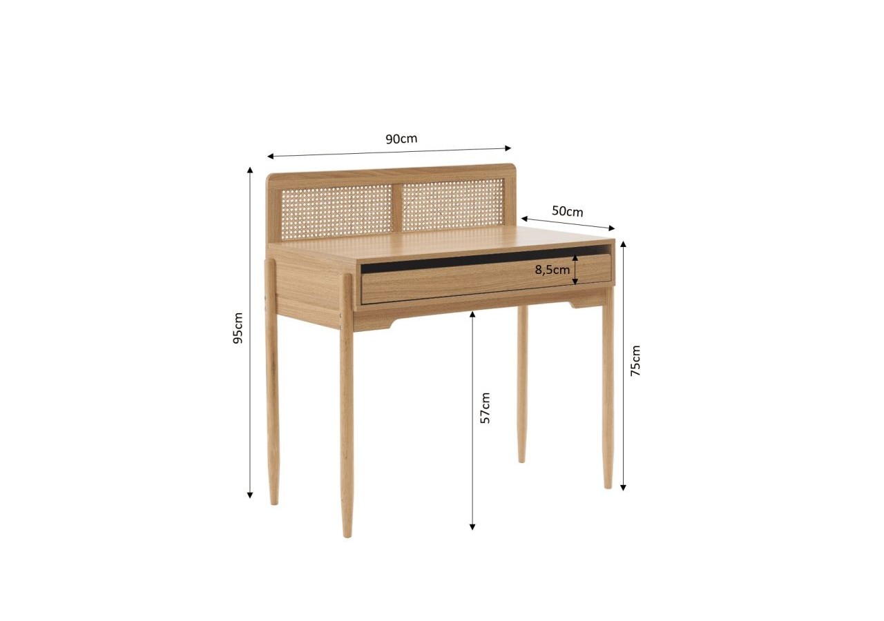 Bureau PABLO cannage rotin et effet bois 1 tiroir