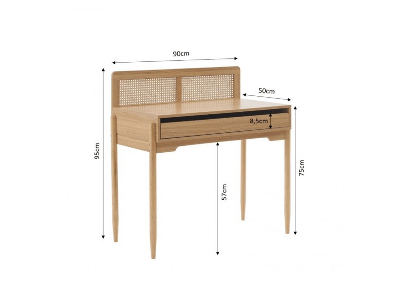Bureau PABLO cannage rotin et effet bois 1 tiroir