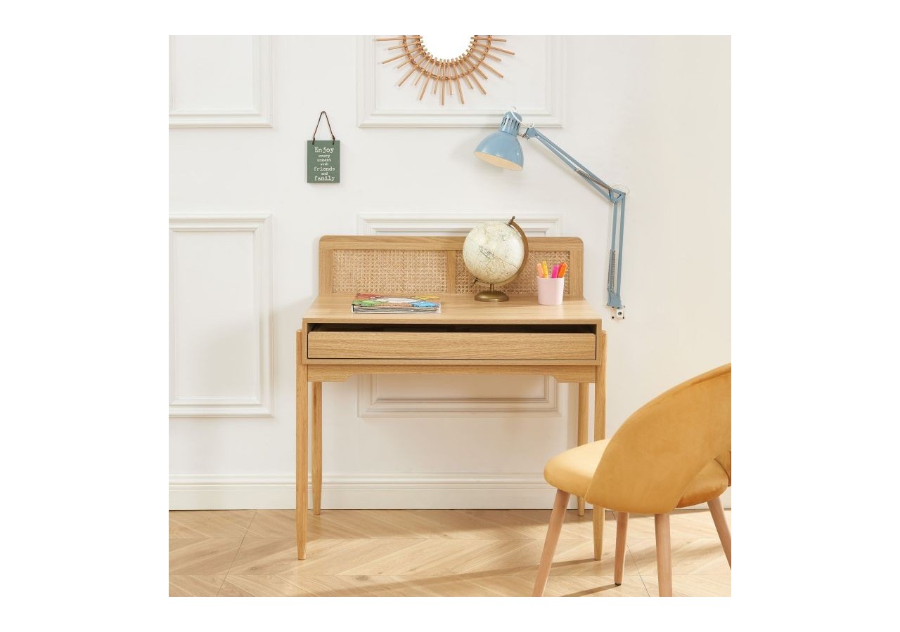 Bureau PABLO cannage rotin et effet bois 1 tiroir