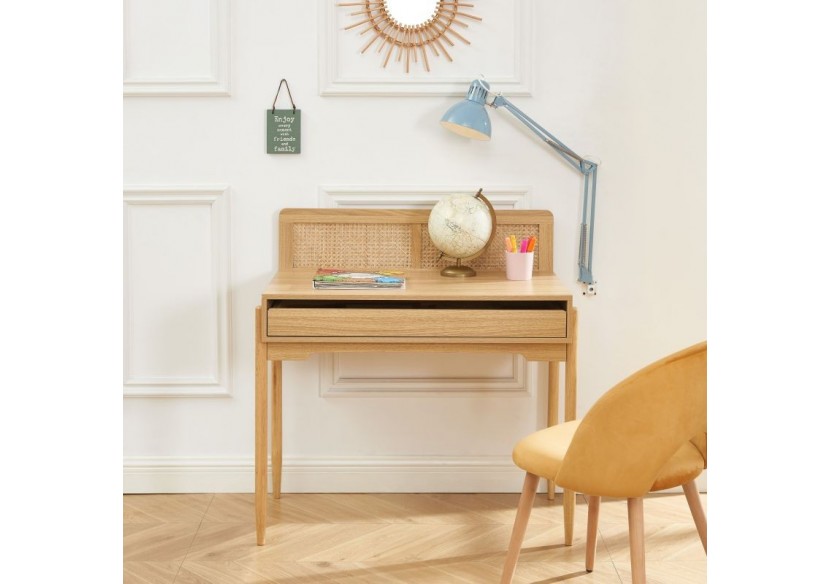 Bureau PABLO cannage rotin et effet bois 1 tiroir