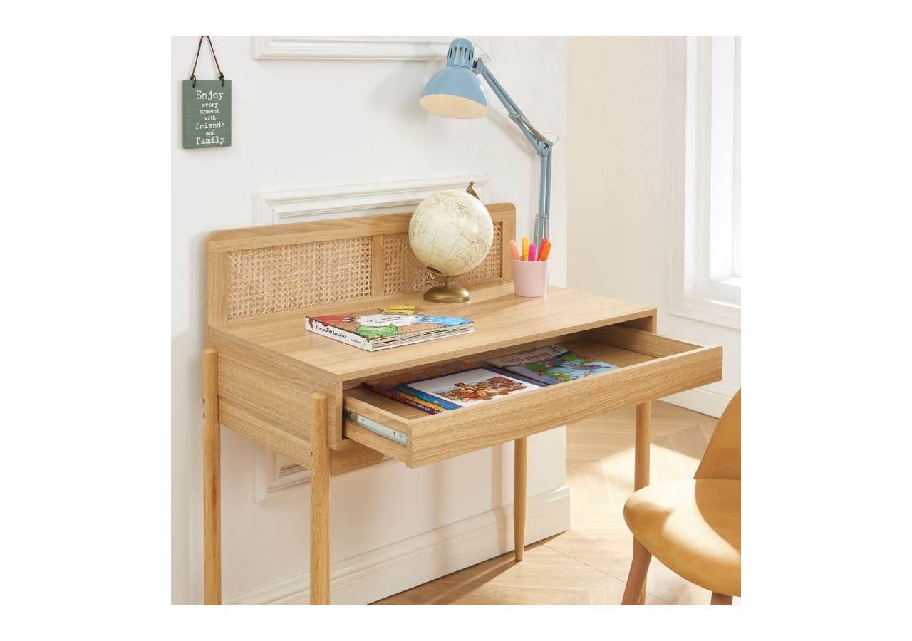 Bureau PABLO cannage rotin et effet bois 1 tiroir