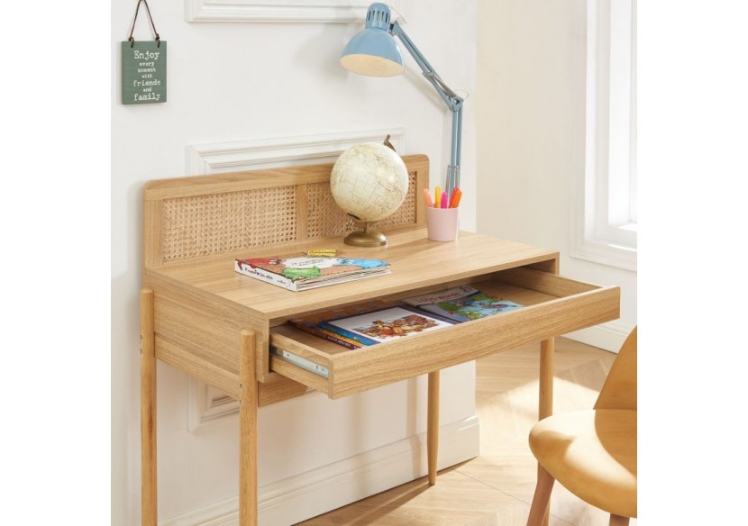 Bureau PABLO cannage rotin et effet bois 1 tiroir