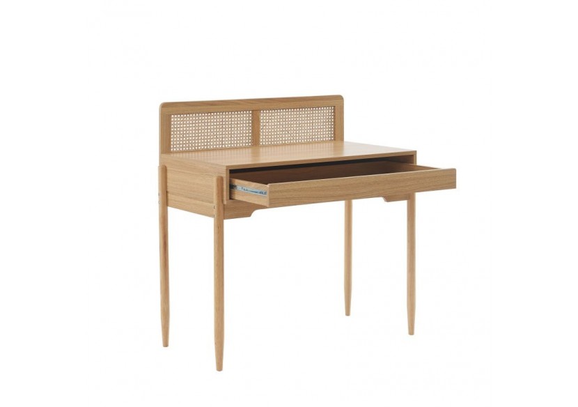Bureau PABLO cannage rotin et effet bois 1 tiroir