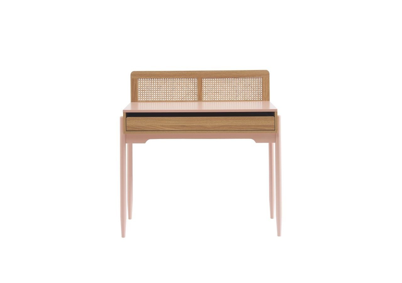 Bureau PABLO rose et cannage rotin 1 tiroir