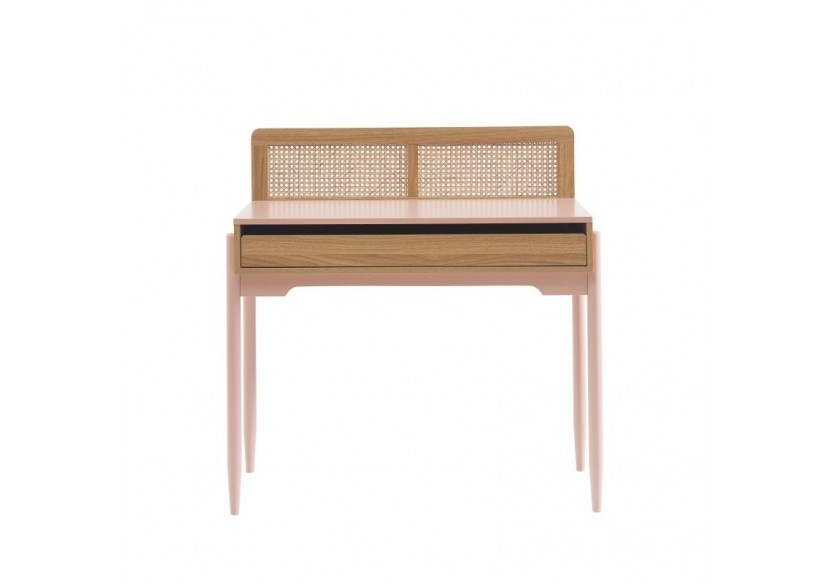 Bureau PABLO rose et cannage rotin 1 tiroir