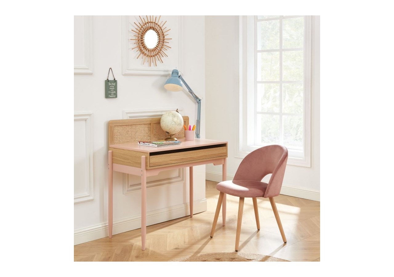 Bureau PABLO rose et cannage rotin 1 tiroir