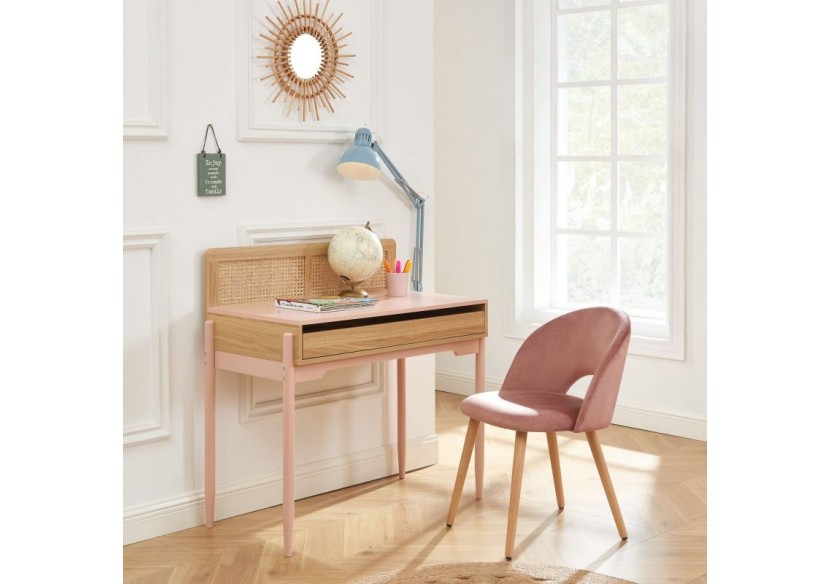 Bureau PABLO rose et cannage rotin 1 tiroir