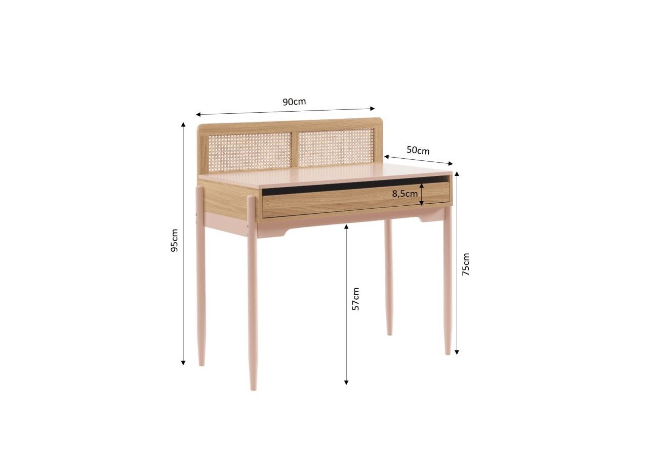 Bureau PABLO rose et cannage rotin 1 tiroir