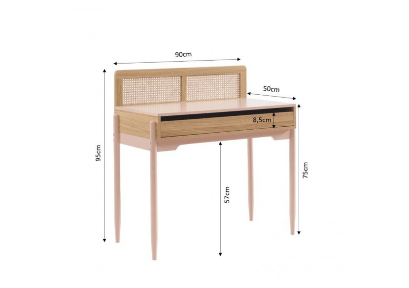 Bureau PABLO rose et cannage rotin 1 tiroir