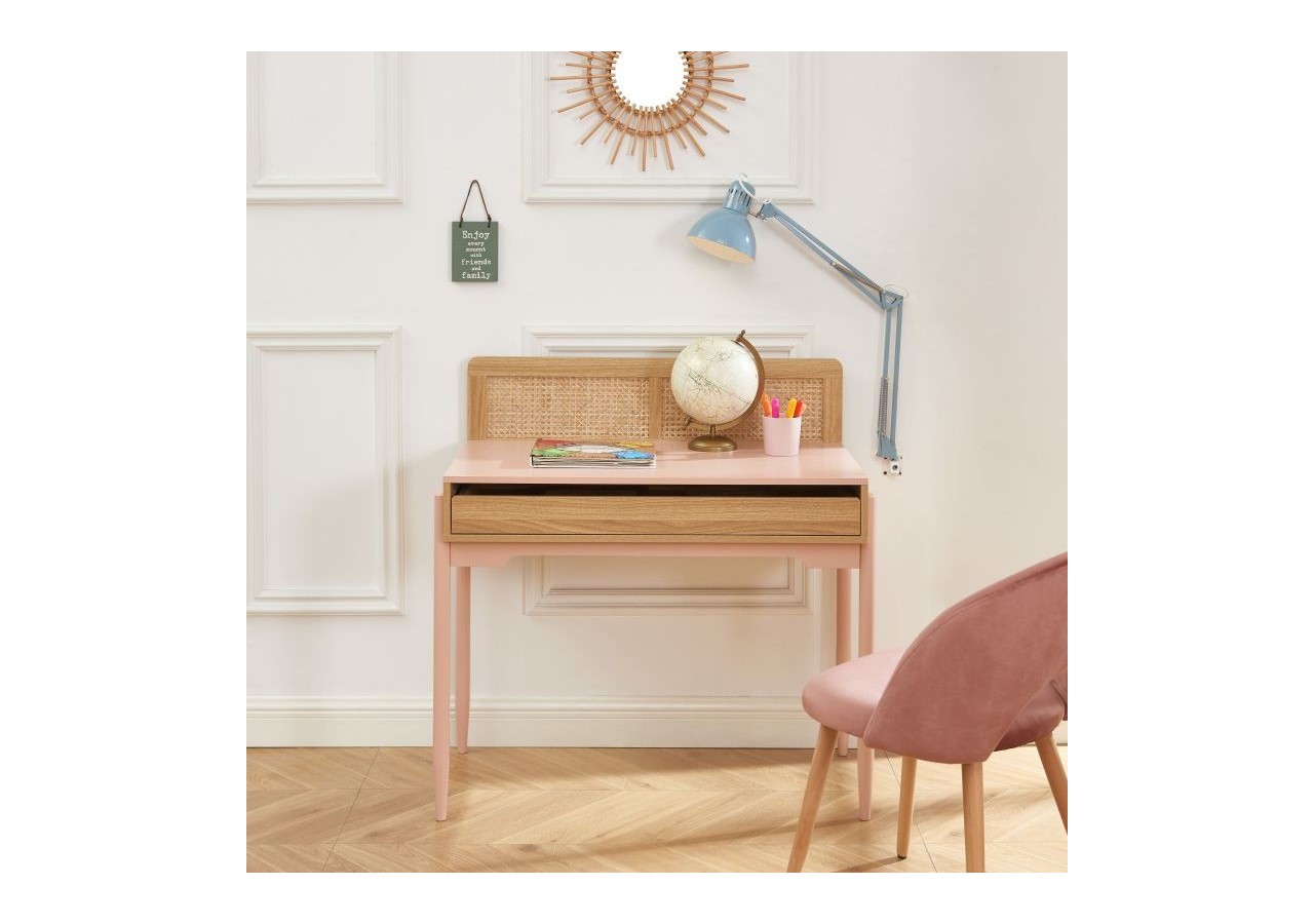 Bureau PABLO rose et cannage rotin 1 tiroir