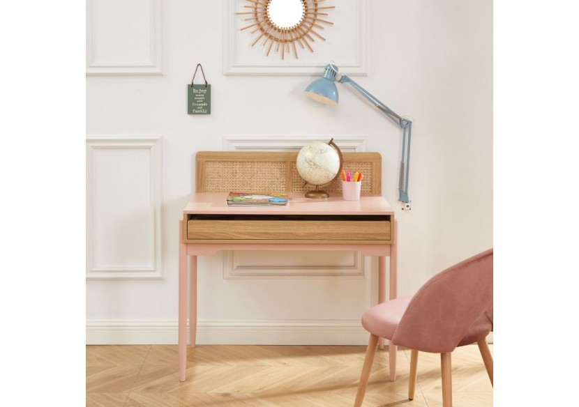 Bureau PABLO rose et cannage rotin 1 tiroir