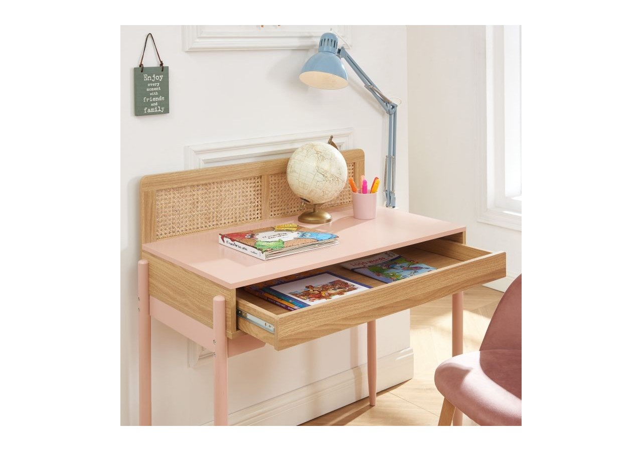 Bureau PABLO rose et cannage rotin 1 tiroir