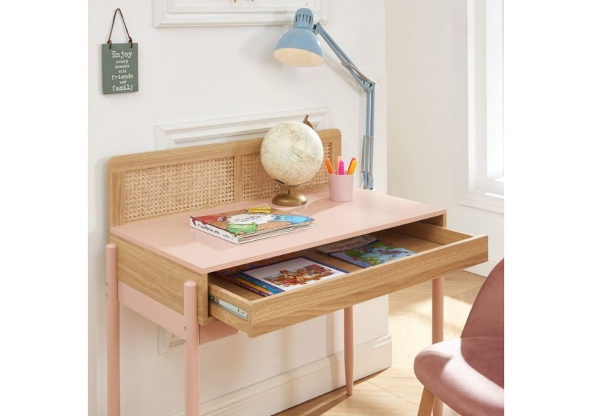 Bureau PABLO rose et cannage rotin 1 tiroir
