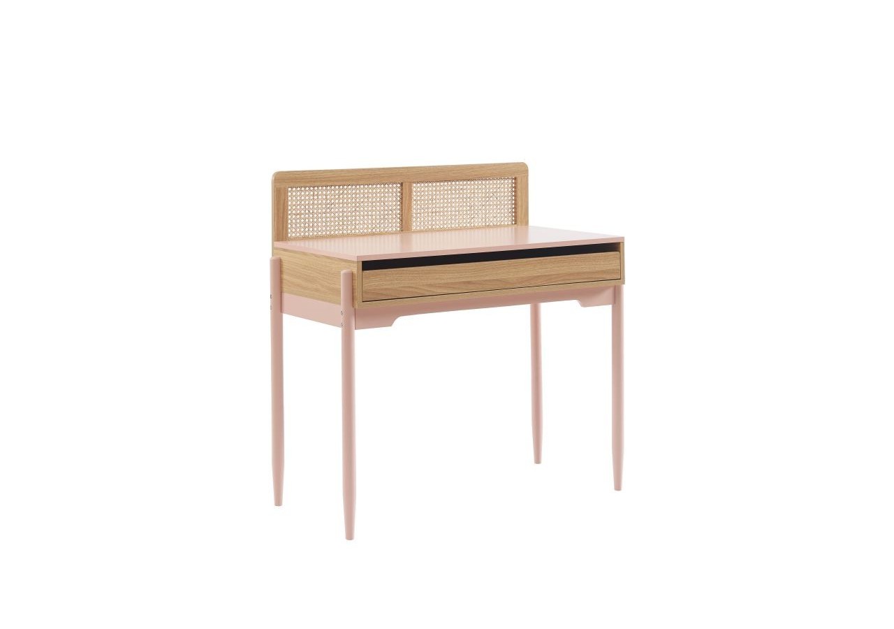 Bureau PABLO rose et cannage rotin 1 tiroir