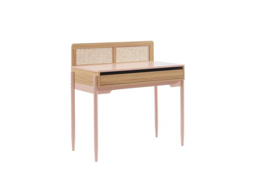Bureau PABLO rose et cannage rotin 1 tiroir