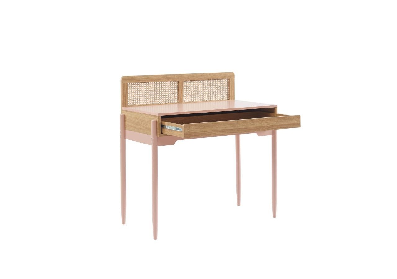 Bureau PABLO rose et cannage rotin 1 tiroir