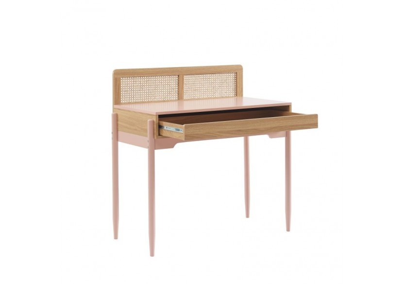 Bureau PABLO rose et cannage rotin 1 tiroir