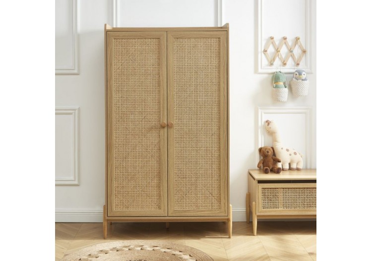 Armoire PABLO effet bois et cannage rotin 2 portes 2