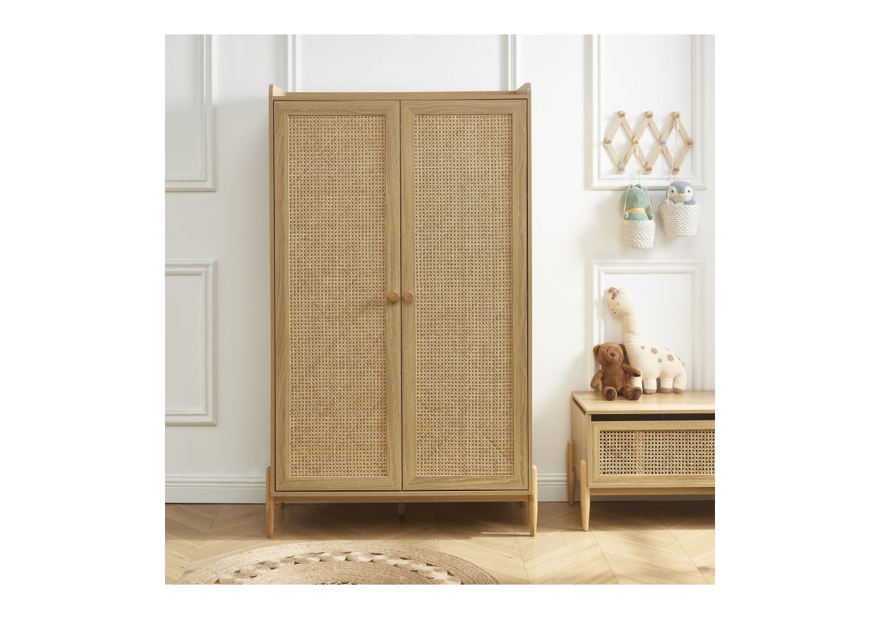 Armoire PABLO effet bois et cannage rotin 2 portes