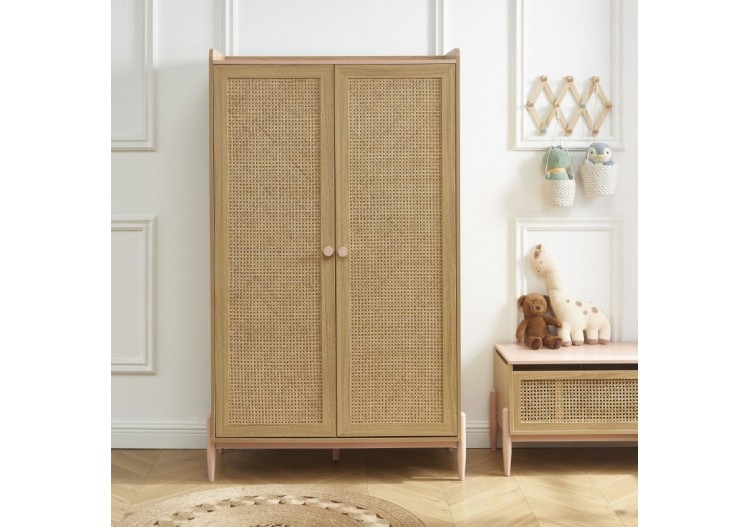 Armoire PABLO rose et cannage rotin 2 portes 2