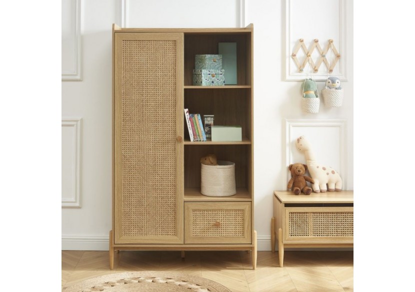 Armoire PABLO effet bois et cannage rotin 1 porte et 1 tiroir