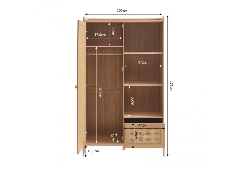 Armoire PABLO rose et cannage rotin 1 porte et 1 tiroir