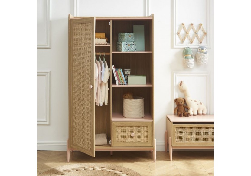 Armoire PABLO rose et cannage rotin 1 porte et 1 tiroir