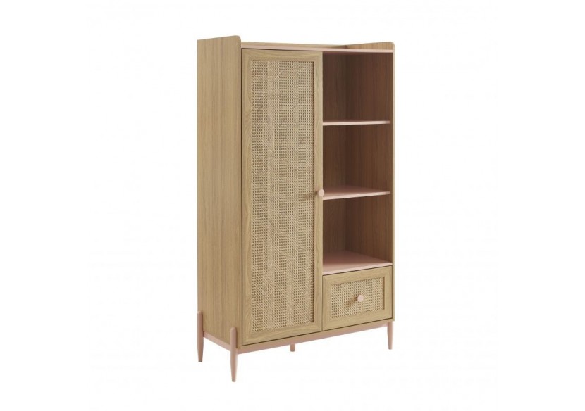 Armoire PABLO rose et cannage rotin 1 porte et 1 tiroir
