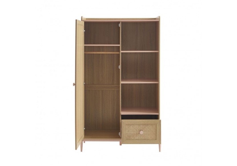 Armoire PABLO rose et cannage rotin 1 porte et 1 tiroir
