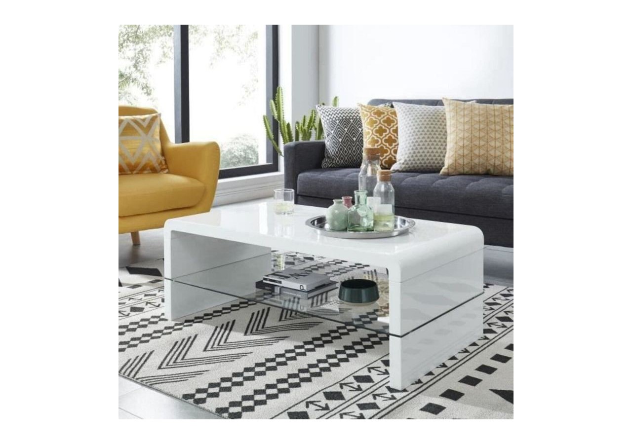 Table basse PRIMIS laqué blanc brillant double plateau en verre