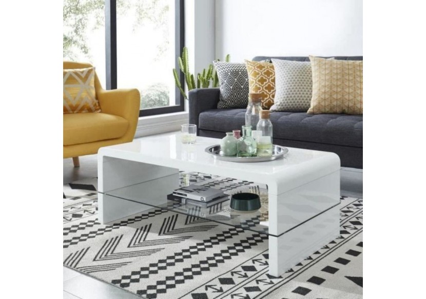 Table basse PRIMIS laqué blanc brillant double plateau en verre