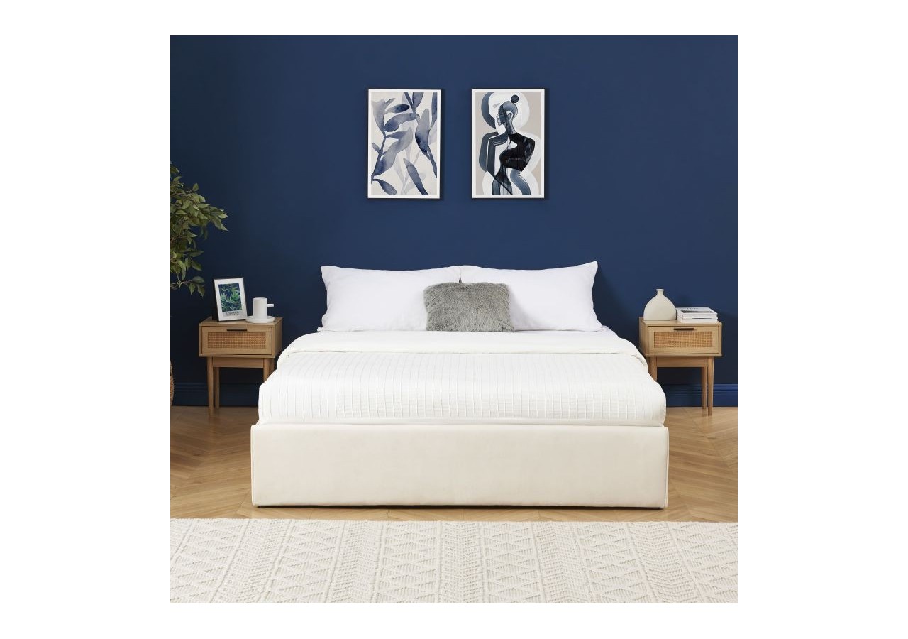 Lit coffre SAKURA velours beige crème 140x190 sommier inclus