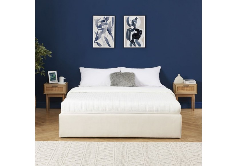 Lit coffre SAKURA velours beige crème 140x190 sommier inclus