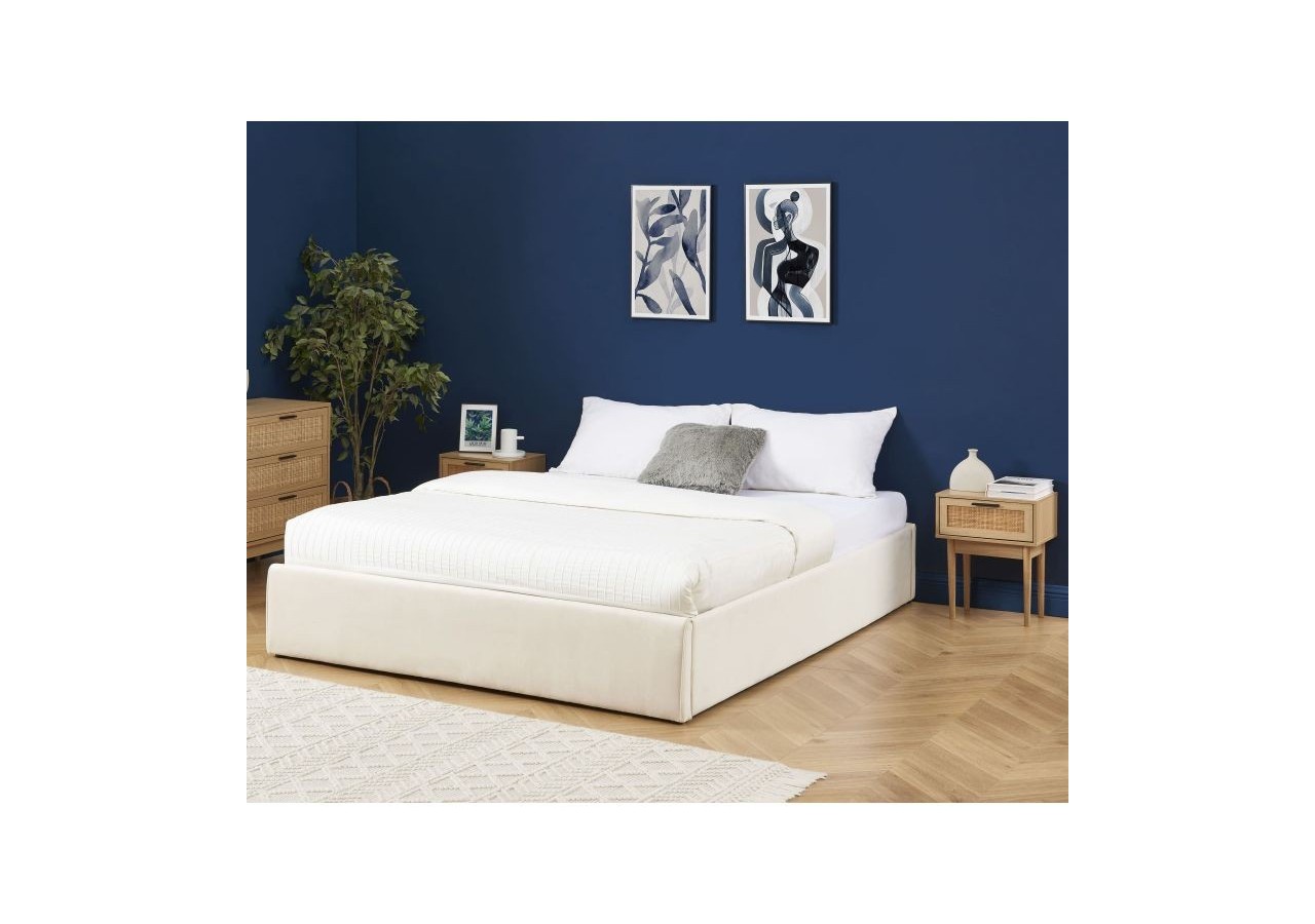 Lit coffre SAKURA velours beige crème 140x190 sommier inclus