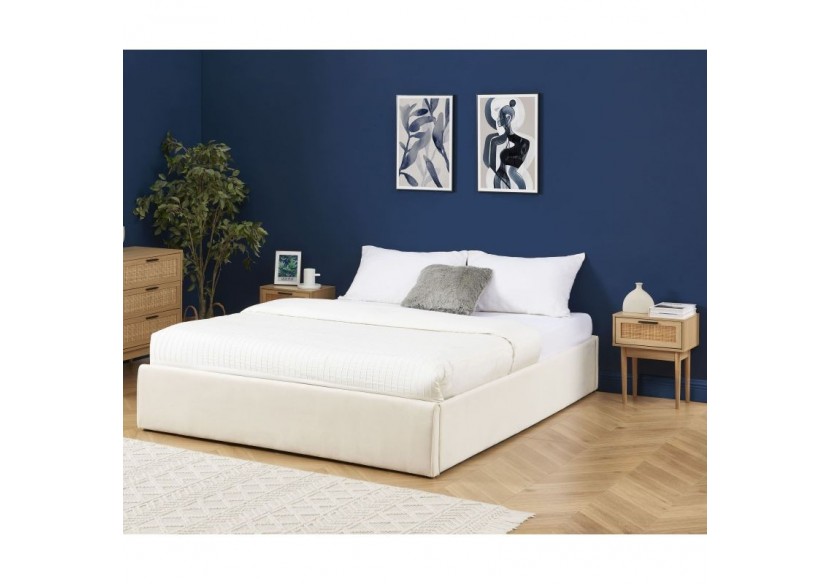 Lit coffre SAKURA velours beige crème 140x190 sommier inclus