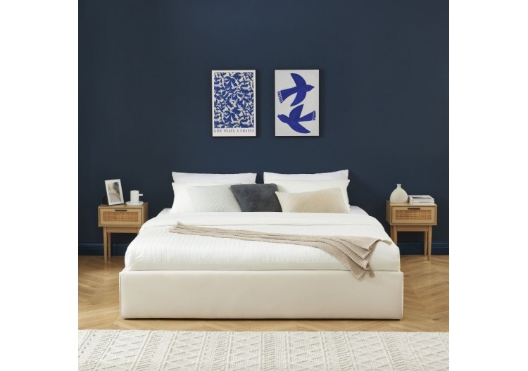 Lit coffre SAKURA velours beige crème 180x200 sommier inclus 2