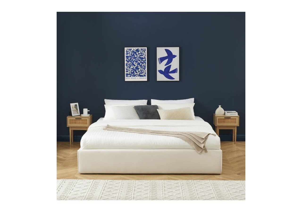 Lit coffre SAKURA velours beige crème 180x200 sommier inclus