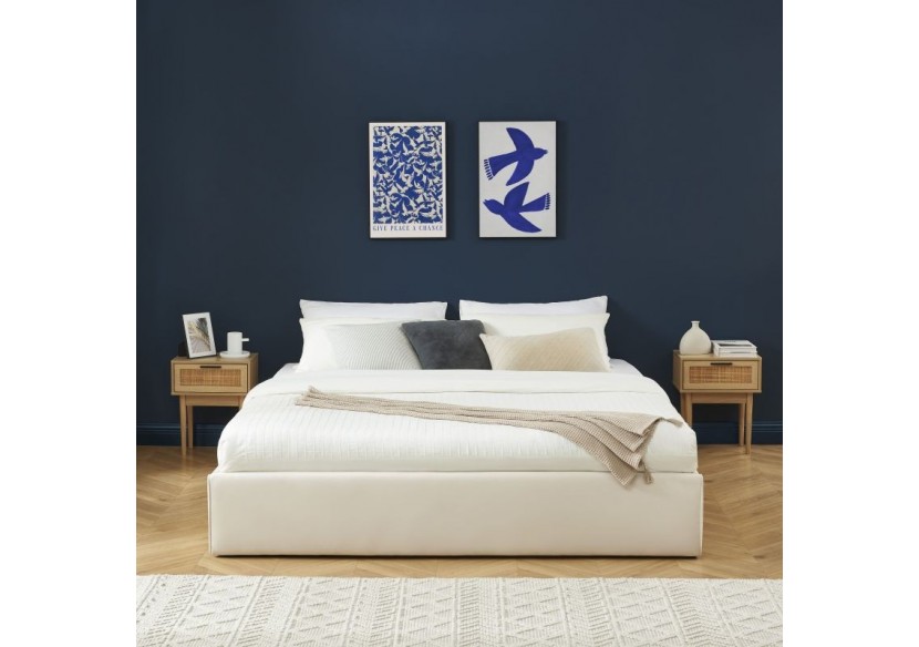 Lit coffre SAKURA velours beige crème 180x200 sommier inclus