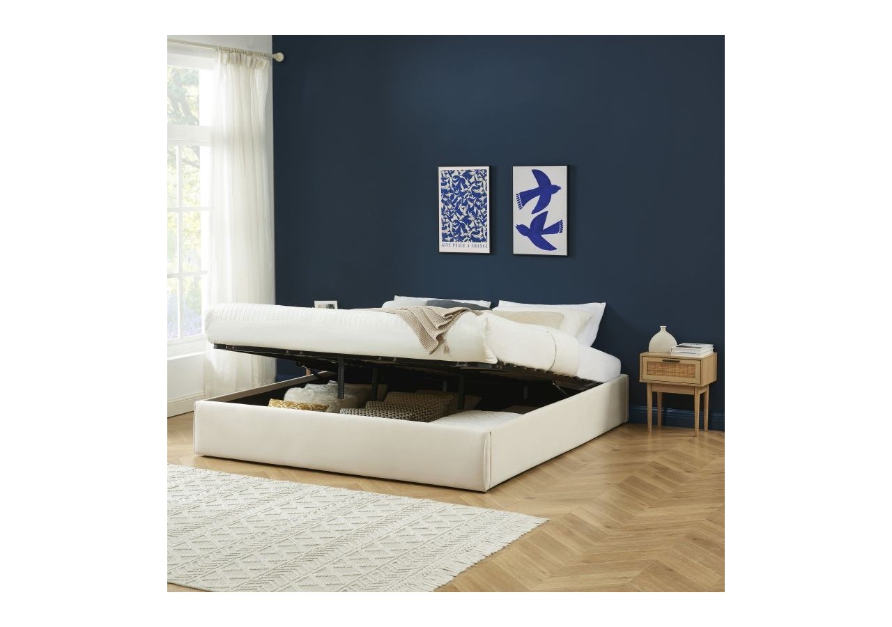 Lit coffre SAKURA velours beige crème 180x200 sommier inclus