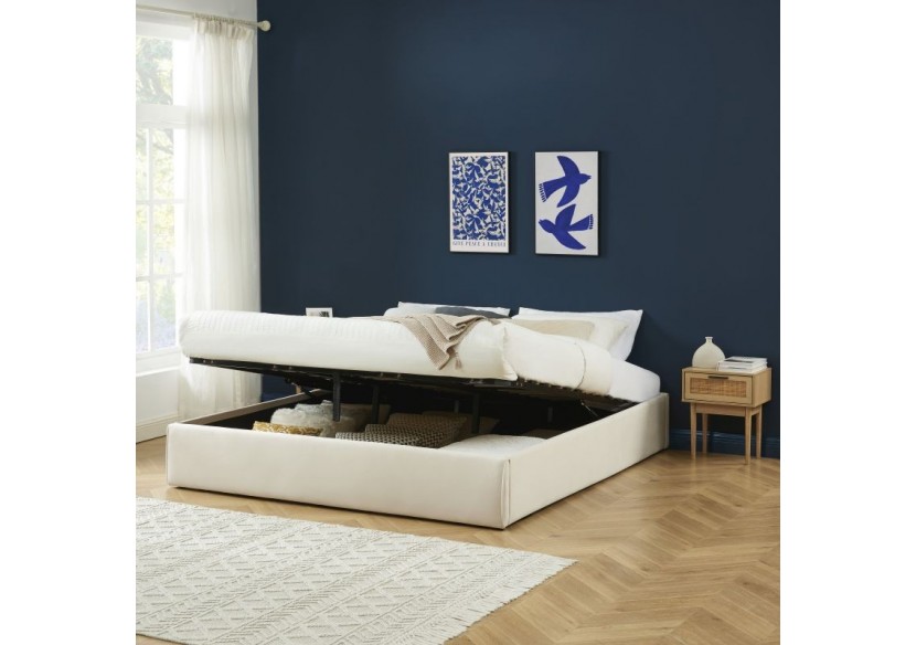 Lit coffre SAKURA velours beige crème 180x200 sommier inclus