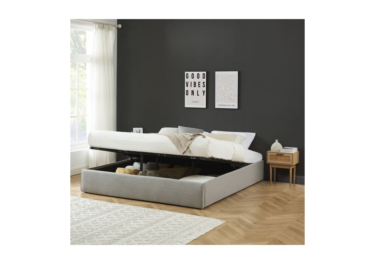 Lit coffre SAKURA tissu gris chiné 180x200 sommier inclus