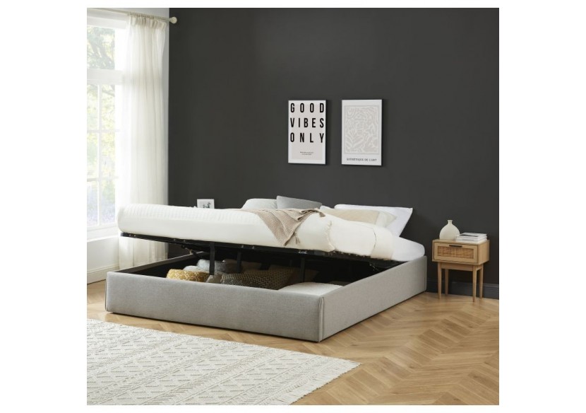 Lit coffre SAKURA tissu gris chiné 180x200 sommier inclus