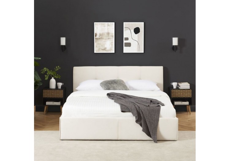 Lit coffre SEGURO velours beige crème 140x190 sommier inclus 2