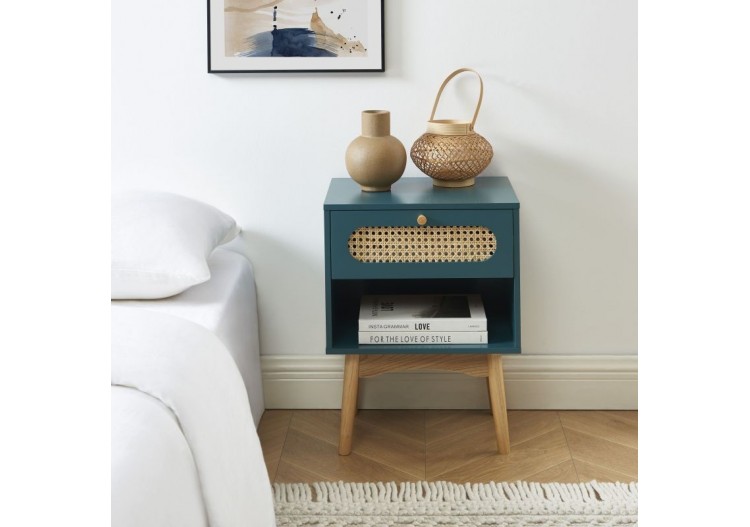 Table de chevet SIXTINE bleu canard et cannage rotin 2