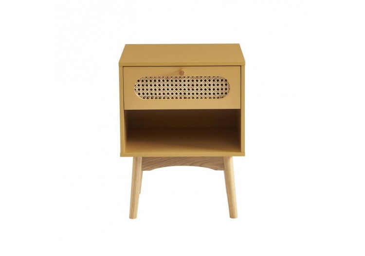 Table de chevet SIXTINE jaune safran et cannage rotin