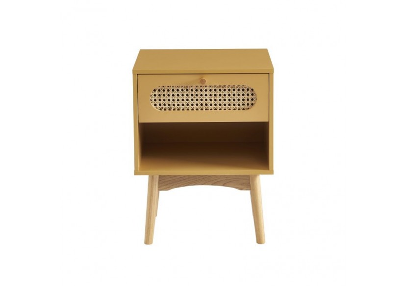 Table de chevet SIXTINE jaune safran et cannage rotin