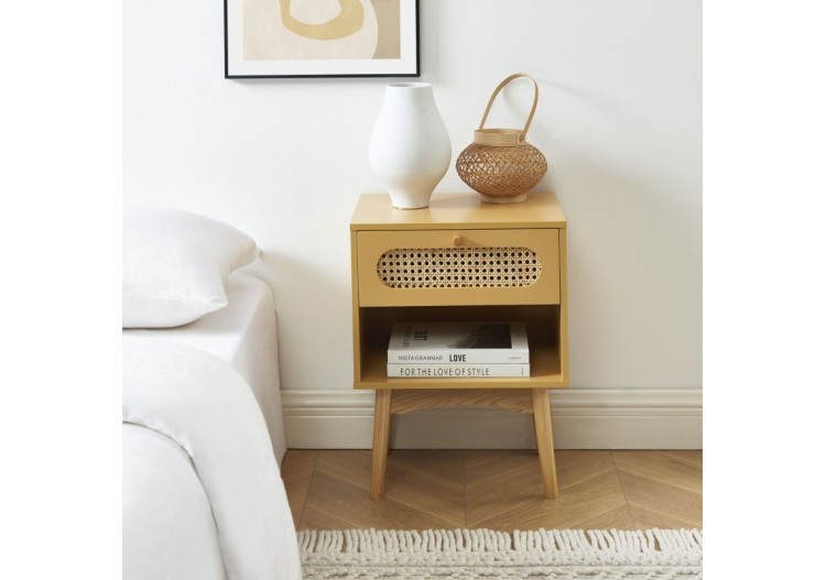 Table de chevet SIXTINE jaune safran et cannage rotin 2