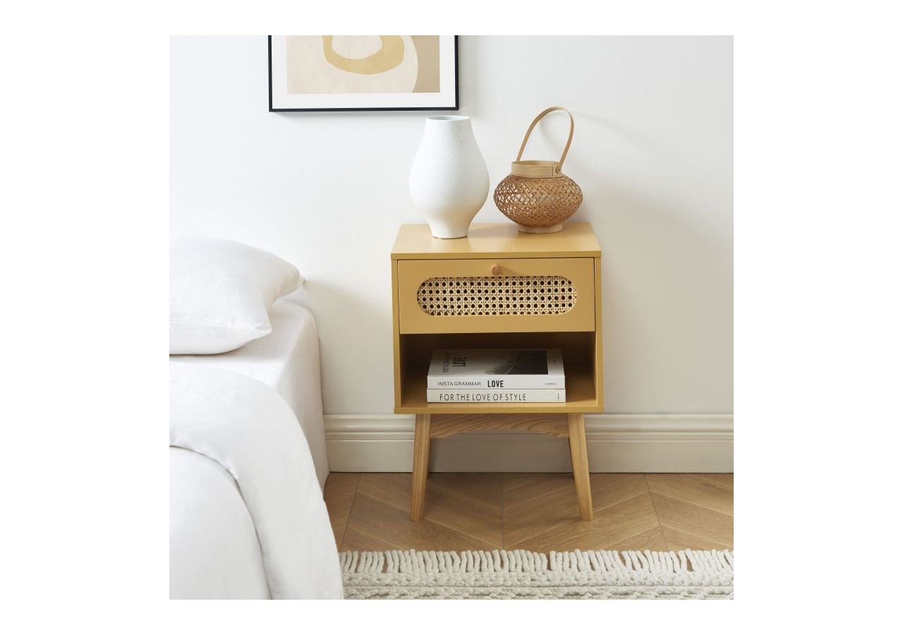 Table de chevet SIXTINE jaune safran et cannage rotin